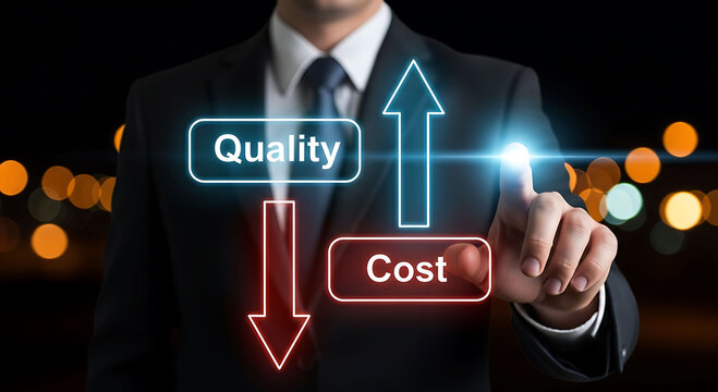 Businessman choosing high quality and low cost on digital interface concept