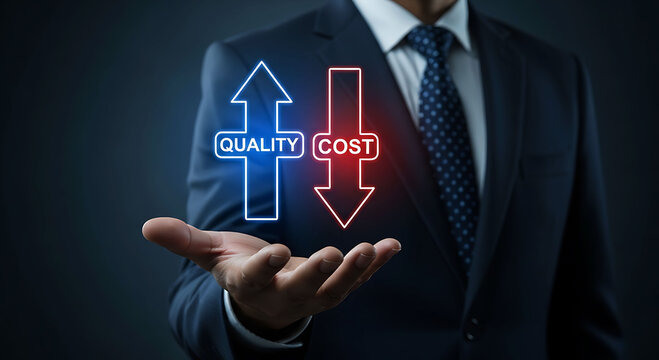 Businessman holding high quality and low cost arrow concepts for business success