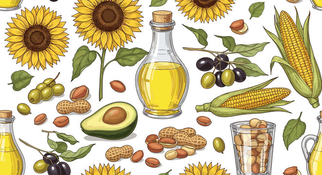 Healthy fats and oils seamless pattern featuring sunflowers olives avocado corn and peanuts for nutritional backdrop.