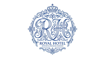 Obraz premium Elegant Royal Hotel Logo, Monogram RA, Crown, Ornate Design, Blue and White