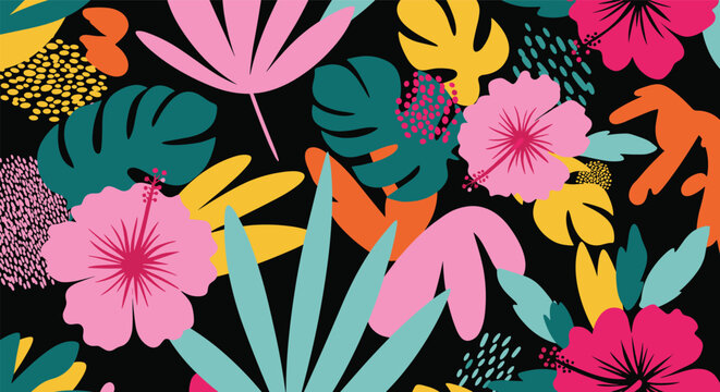 Vibrant seamless tropical pattern featuring pink hibiscus flowers, colorful palm leaves, and abstract shapes on black.