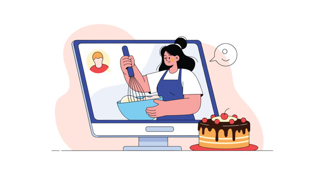 Young woman following an online baking tutorial on her computer to whisk batter and create a delicious chocolate cake.