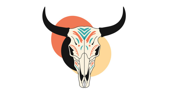 Stylized bull skull decorated with colorful ethnic patterns against a background of orange and yellow circular shapes.