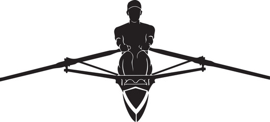 Overhead silhouette of a single scull rower in a racing shell with oars extended on white background © HARUN