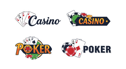 Fototapeta premium Casino and poker emblem set featuring playing cards stacks of chips and stylized typography for gambling houses and tournament promotions.