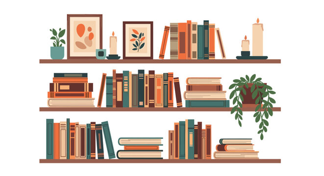 Organized wooden bookshelves filled with many colorful books, potted plants, framed art, and candles in a cozy home library.