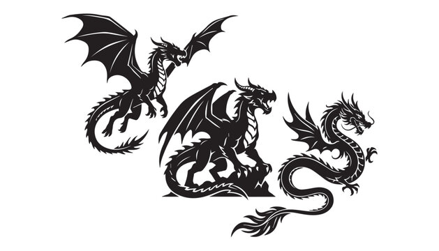 black and white silhouette set of Mythical Dragon very high quality vector illustration.