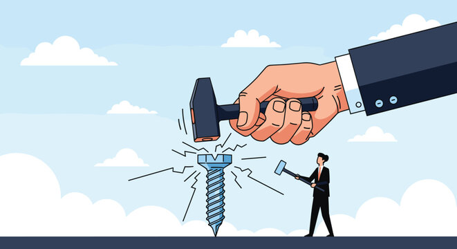 Giant hand hitting a screw with a hammer while a small businessman watches representing the use of wrong tools or corporate power.
