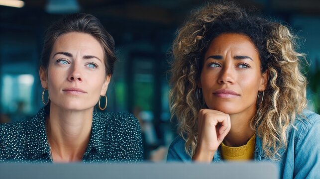 Two diverse women engaged in deep thought, likely brainstorming for an upcoming project or solution.
