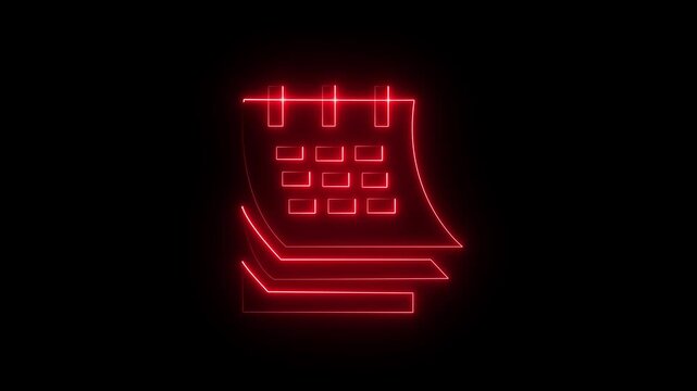 calendar date icon animation neon glowing purple and red color clip art routine day deadline presentation schedule planner sign symbol on black background.HD video animation.