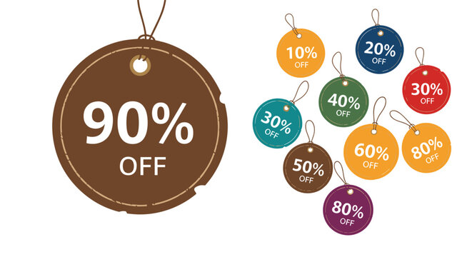 Collection of colorful circular sales tags showing various percentage discounts from ten to ninety percent for retail promotions.