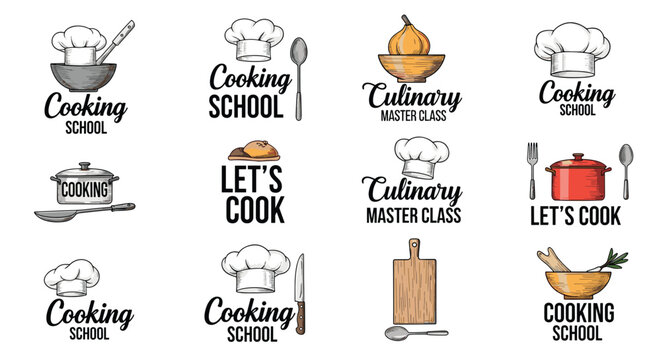Collection of culinary school and cooking masterclass logos featuring chef hats pots pans and various kitchen utensils.