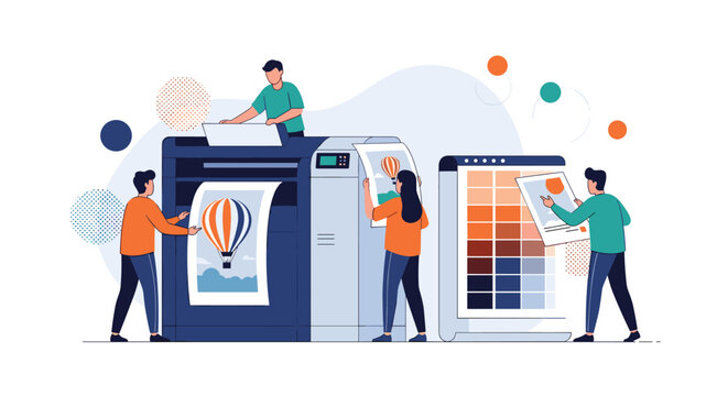 Professional team operating large format digital printer and checking color swatches in modern commercial printing shop.