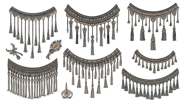 Collection of ornate hand drawn decorative tassels and fringes with intricate patterns for interior design or fashion accents.