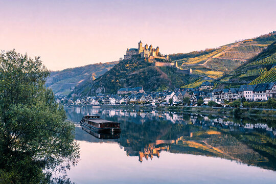 Cochem castle overlooking moselle river with vineyards