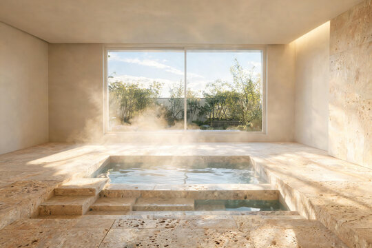 Modern indoor spa pool with hot water creating steam