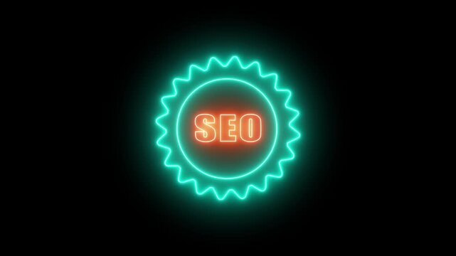 SEO glowing neon icon representing optimization and search engine strategies icon animation.on a black backgraund ,4k video animation .