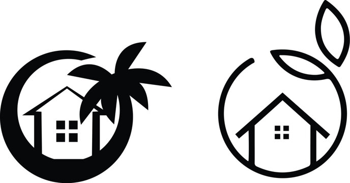 Two black and white logos featuring houses with palm tree and leaf designs