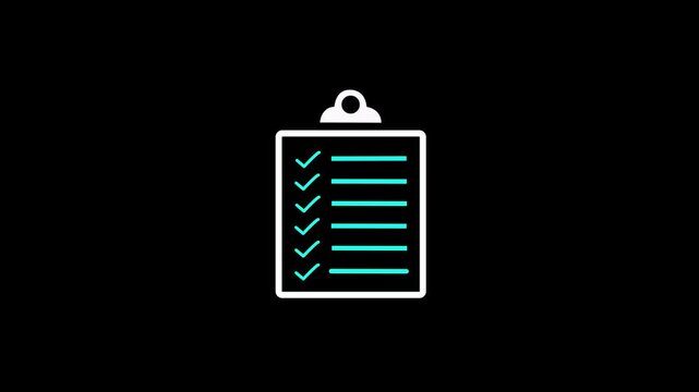 Clipboard icon isolated , Check mark and business Checklist icon animation . business documents analysis icon isolated .on a black backgraund.4k video animation.