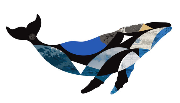 Blue whale graphic collage featuring cartographic and oceanic textures, nautical