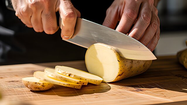Close Up of Chef Hands Slicing Fresh Raw Potatoes with Sharp Knife on Wooden Cutting Board
