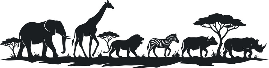 African safari animals silhouettes set with elephant giraffe lion zebra buffalo and rhinoceros walking in savanna isolated vector illustration banner design © Malati