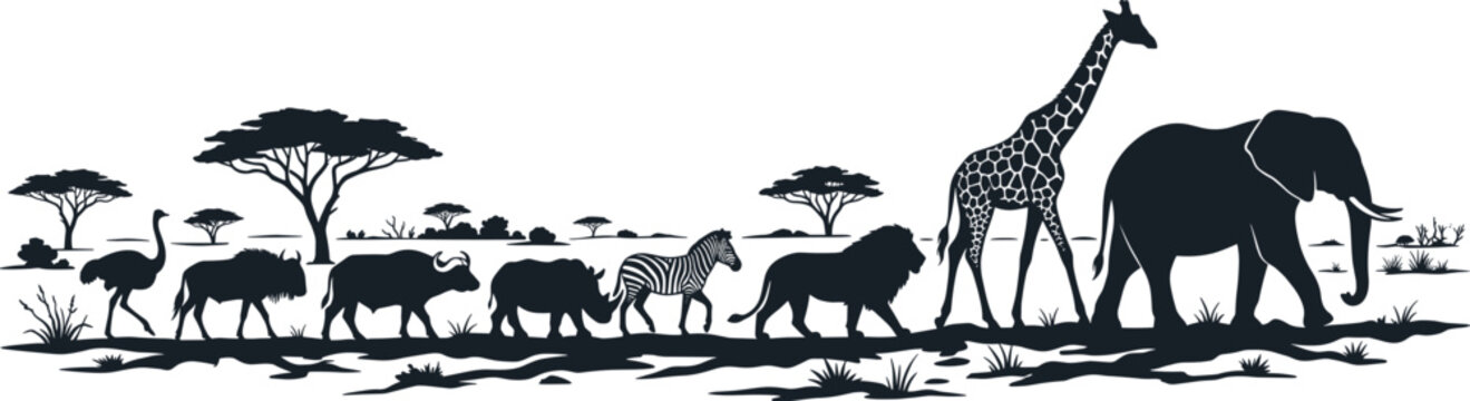 African safari animals silhouettes collection with ostrich wildebeest buffalo rhinoceros zebra lion giraffe and elephant walking in savanna landscape vector illustration banner