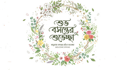 Bengali spring greeting typography with welcome spring text inside a colorful floral wreath frame with roses leaves isolated vector illustration design © Malati