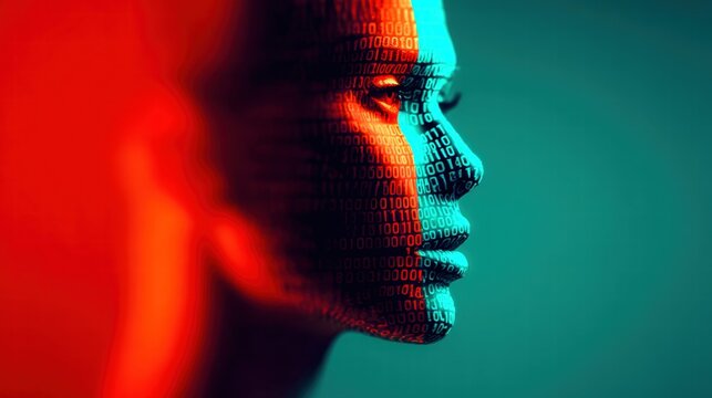 A captivating visual of a face overlaid with binary code, showcasing digital intelligence.