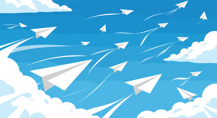 Obraz premium Many white paper airplanes flying through bright blue sky with white clouds representing dreams and communication.