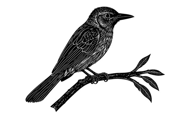 detailed songbird perched on tree branch engraving style illustration black vintage line art vector isolated on transparent background png