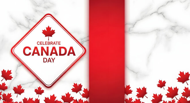 Canada day celebration graphic with maple leaves and marble texture