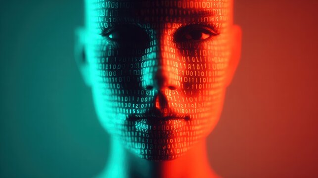 A futuristic portrait of a face, embedded with binary code and vibrant neon lighting.