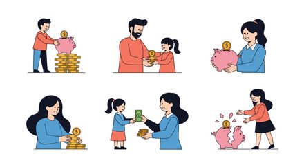 Fototapeta premium Diverse group of people and children learning about financial responsibility by saving money in large pink piggy banks and coins.