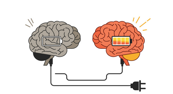 Two human brains connected by a power cable showing one with a low battery icon and another fully charged with energy and vitality.