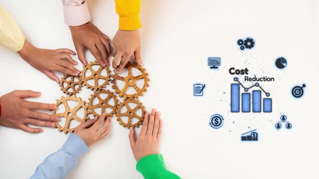 A vibrant teamwork scene with diverse hands arranging wooden gears, representing collaboration for cost reduction and financial improvement in business strategy. Raster