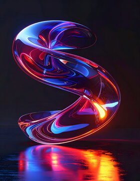 Luminous glass sculpture in swirling S-shape with vibrant reflections; modern art creation with fluid design and dynamic lighting