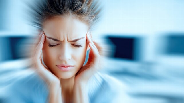 A woman is shown with a headache, holding her temples with a look of pain and stress.
