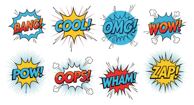 Set of vibrant comic book speech bubbles with various popular onomatopoeias like bang cool wow and zap in a pop art style.