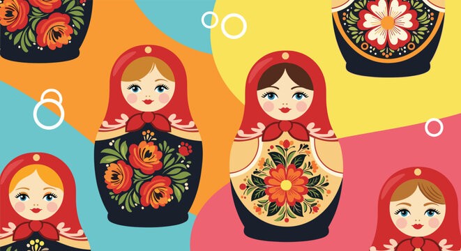 Seamless pattern of traditional Russian nesting dolls known as matryoshkas with intricate floral designs on colorful backgrounds.