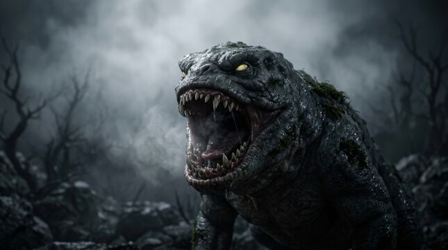 Ferocious fantasy creature with glowing red eyes and gaping maw in a dark, misty forest at night