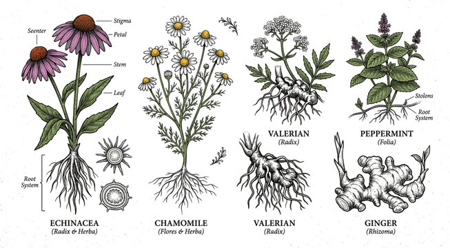 Medicinal herbs vintage engraving collection with echinacea chamomile valerian peppermint and ginger botanical diagram root system isolated vector illustration set for pharmacy