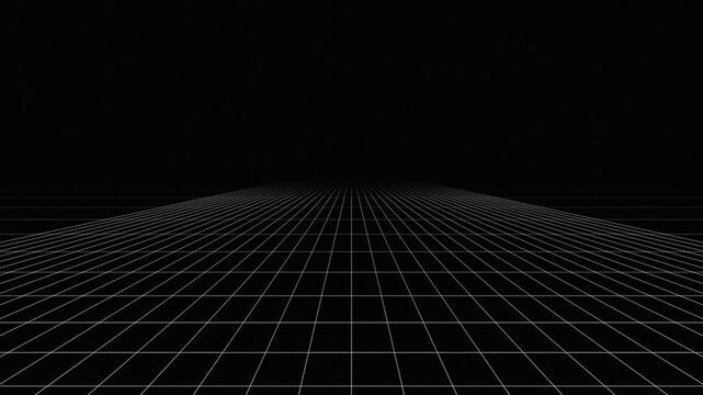 Moving white wireframe grid floor on black background, seamless digital landscape loop 4k video