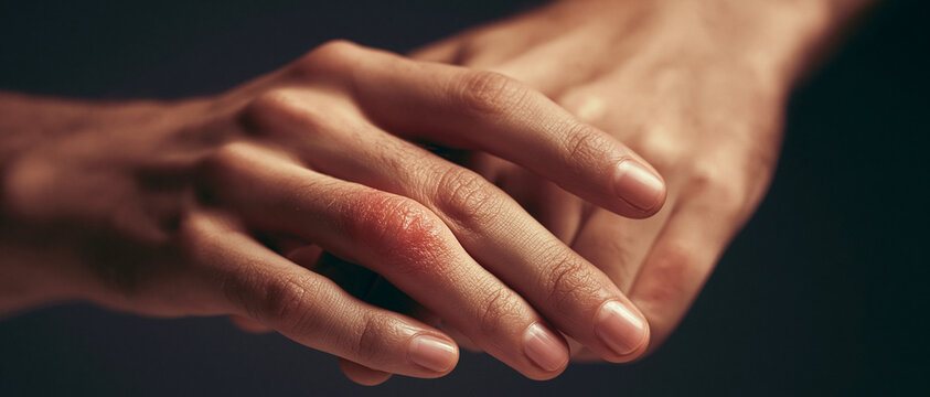 Close-up of a hand showing a red, inflamed joint on a finger, suggesting pain or injury
