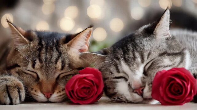 Two tabby cats snuggling together, resting with red rose flowers and soft bokeh lights