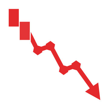 Red graph line showing a downward trend with a sharp arrow ending on a plain white background financial crisis concept