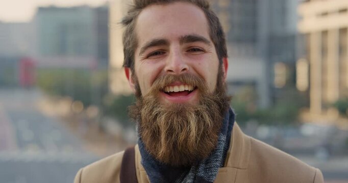 Commute, laugh or businessman in town with face, good mood or pride in advertisement industry. Happy, portrait or marketing specialist with urban travel, optimism or opportunity in brand management.