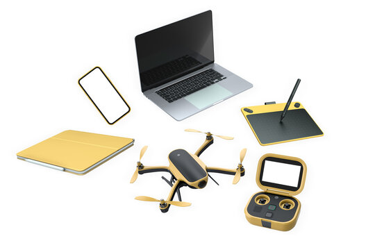 Drone, tablet, and controller isolated isolated on white background, concept of modern technology devices today