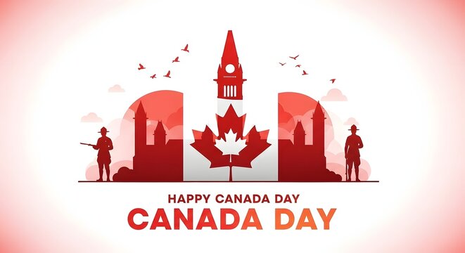 Canada day illustration with parliament hill maple leaf and mounties