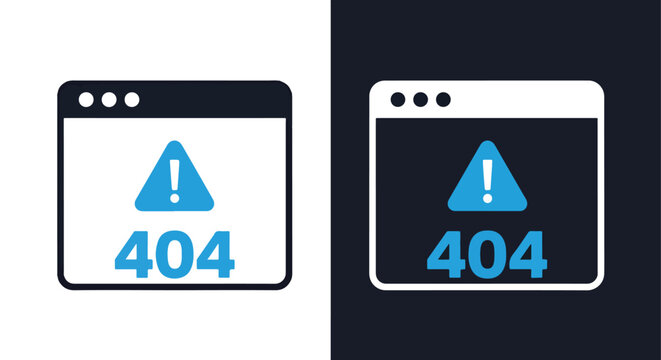 Error 404 page not found browser window: Glyph and solid icon set - Icon vector - logo icons. Blue, Black and white icons